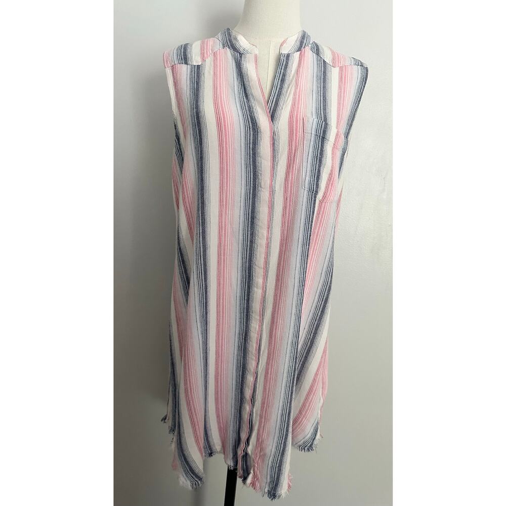 Cloth & Stone Sunburst Striped Shirt Dress M Anthropologie Linen Blend Raw Hem